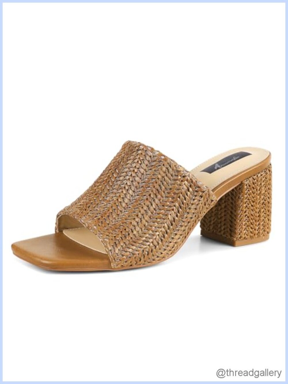 Raffia Heeled Sandals Chunky Block Heel Square Toe Slip On Mules